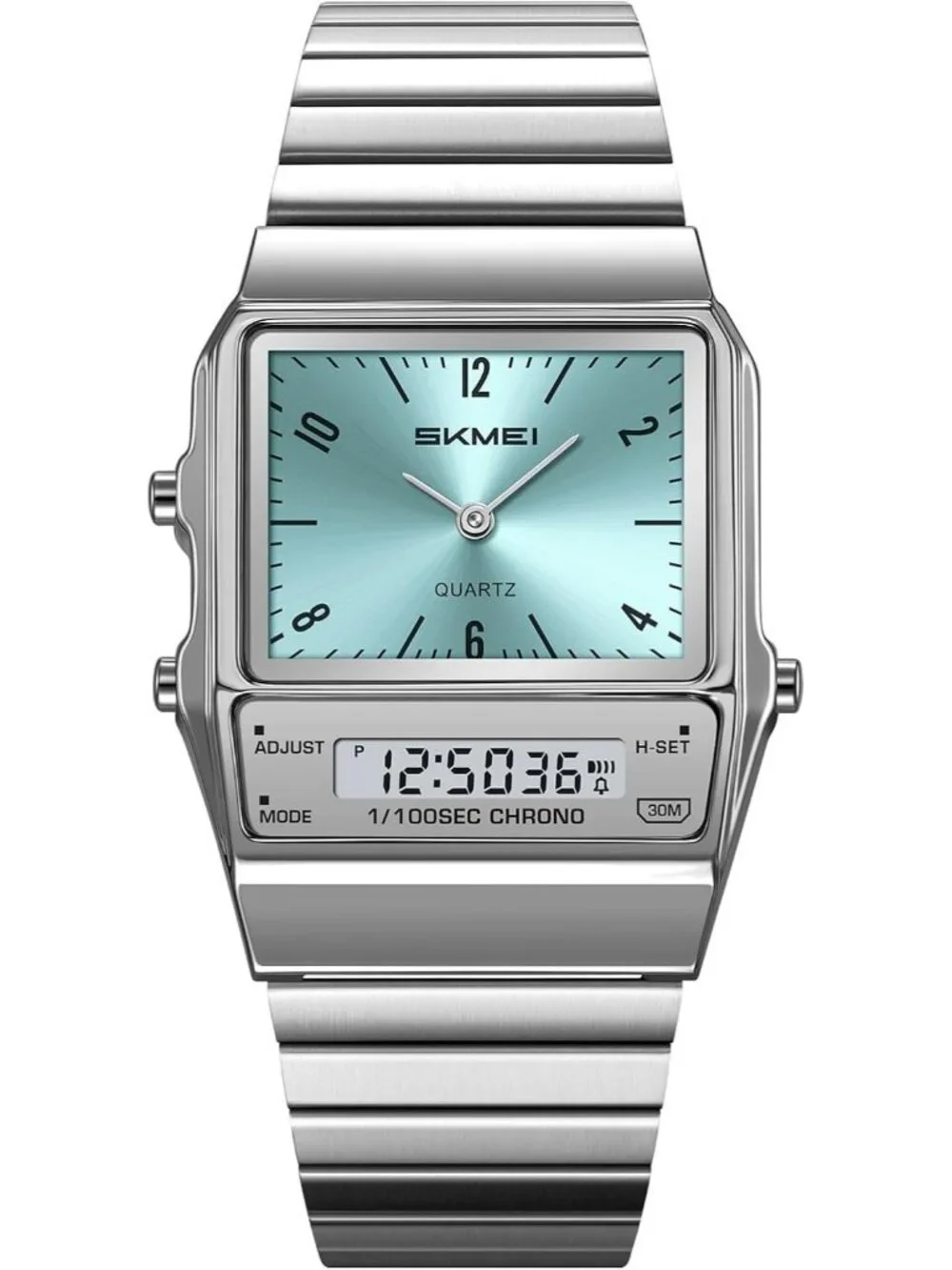 Unisex Silver Blue Digital Analog Retro Square Stainless Steel Stopwatch Watches